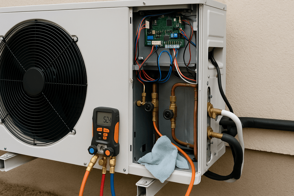 mantenimiento aerotermia equipo exterior durante revisión técnica