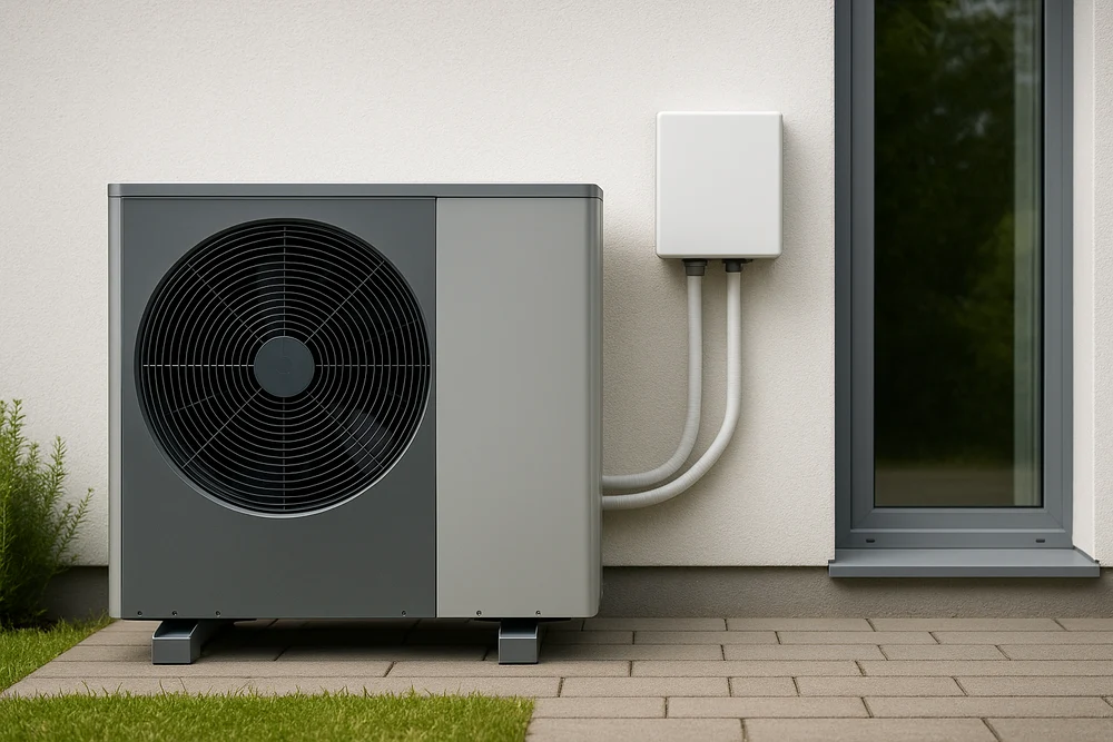 unidad exterior de aerotermia aire acondicionado instalada en una vivienda unifamiliar