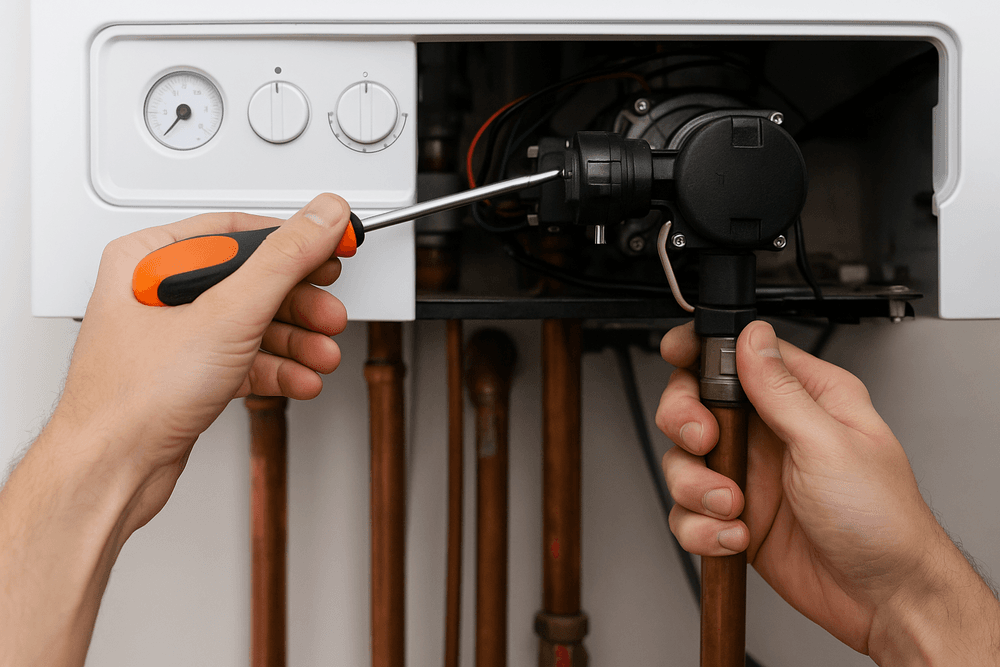 técnico ajustando el quemador de una caldera de gasoil en una vivienda